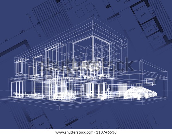 Blueprint, architecture plan and perspective\
drawing of contemporary\
house