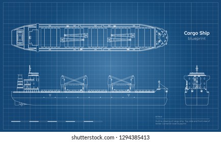 Blueprint Of Cargo Ship On White Background. Top, Side And Front View Of Tanker. Container Boat Industrial Drawing