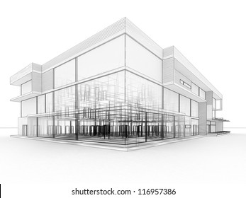 Blueprint Design Of Modern Office Building. Architects And Designers Drawing.