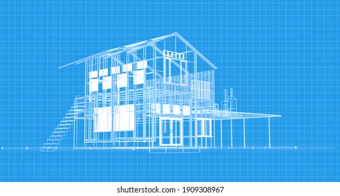 Blueprint House Plan Drawing Wireframe Structure.3d Rendering