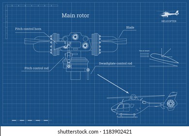 Blueprint Of Main Rotor Of Helicopter In Outline Style. Industrial Drawing Of Gearbox Part. Detailed Isolated Image Of Craft Propeller