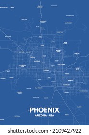Blueprint Phoenix - Arizona map. Phoenix - Arizona road map. Illustration of Phoenix - Arizona streets. Phoenix - Arizona transportation network. Printable poster format (portrait).