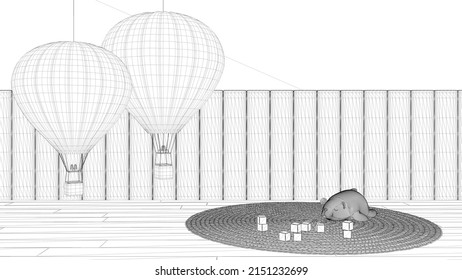 Blueprint project draft, children bedroom background, parquet floor, velvet wall panel, colored hot air balloons, round capet with teddy bear and wooden toys. Interior design, 3d illustration