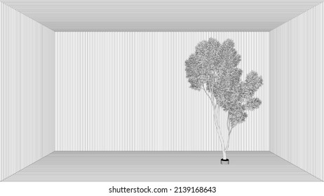 Blueprint project draft, empty room, garden interior design, open space with wooden walls and parquet wooden floor with birch tree, minimalist architecture, zen, japanese, copy space, 3d illustration