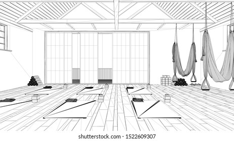 Blueprint project draft, empty yoga studio interior design, minimal open space with mats, hammocks and accessories, wooden floor and roof, ready for yoga practice, panoramic window, 3d illustration