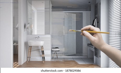 Blueprint Project Draft, Sketch Of Minimalist Bathroom, Hand Painting Interior Details, Design Concept Idea, Large Shower Glass Cabin, Heated Tower Rail With Towels, Custom Furniture, 3d Illustration