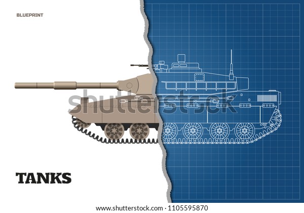 Blueprint of realistic tank. Top, front and side\
view. Detailed armored car. Industrial drawing. War vehicle in\
outline style