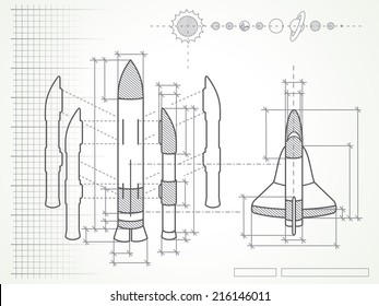 Blueprint With Spaceship Scheme And Planets