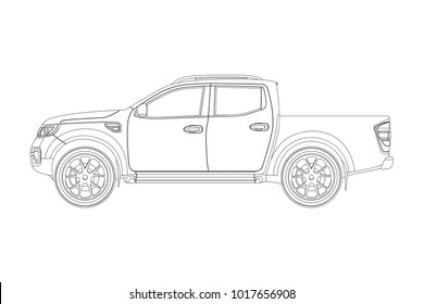 Blueprint of SUV. Contour drawing of car on a white background. Side view of pickup. The vehicle in outline style. 