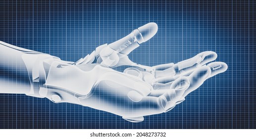 Blueprint technical design of bionic robotic hand. Modern engineering 3d render