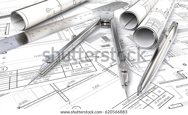 Blueprints and Drawings Rolls. Generic Architectural\
blueprints, drawings and sketches. Paper Rolls, Ruler, Pen and\
Divider of metal. 3D render.\
