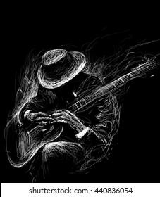 Blues  and Jazz musician with a guitar  and cigarette in the smoke
