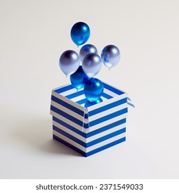 A blue-white gift box with colorful balloons inside. The present opens, and then balloons lift. The vibrant and playful decorations evoke a sense of joy and excitement. Birthday. B-day. Anniversary - Powered by Shutterstock