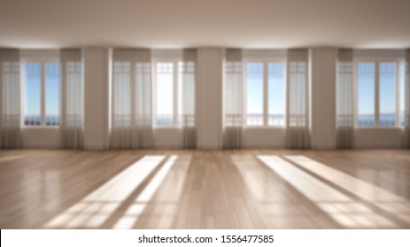 Blur Background Interior Design: Empty Room, No People, Open Space With Big Panoramic Windows With Curtains And Parquet, Stucco Molded Walls, Classic Architecture Concept Idea, 3d Illustration