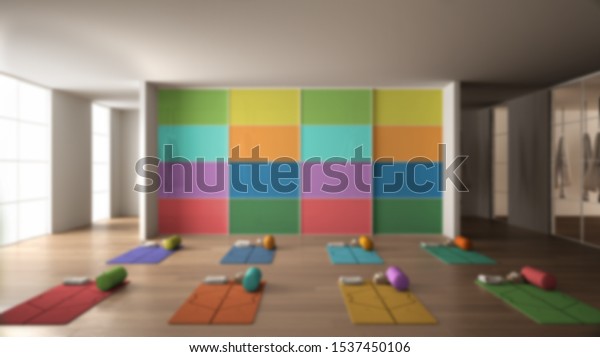 Blur\
background interior design: empty yoga studio, space with mats,\
hammocks, pillows and accessories, parquet, mirror, room divider,\
big window, ready for yoga practice, 3d\
illustration