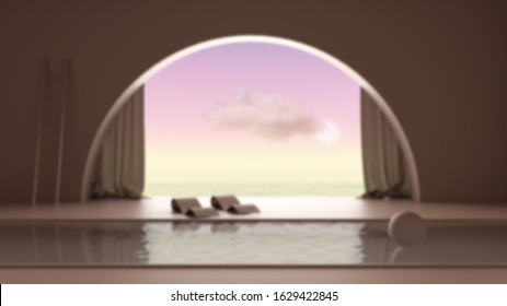 Blur Background Interior Design, Imaginary Fictional Architecture, Interior Design Of Empty Space With Arched Window With Curtain, Concrete Walls, Swimming Pool With Chaise Longue, 3d Illustration