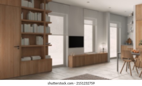 Blur background, modern minimalist living room, concrete tiles, wooden bookshelf and cabinets with books, tv stand, windows with roller blinds, cozy architecture interior design, 3d illustration