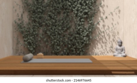 Blur Background, Yoga Studio Interior Design, Japanese Zen Style, Exterior Garden, Concrete Walls And Ivy, Wooden Floor, Mats, Pillows And Accessories, Ready For Yoga Practice, 3d Illustration