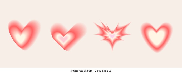 Blur gradient heart shape set. Y2k gradation red hearts forms. Colorful love icons on white background. Trendy effect with blurry textured figures. Vector illustration.