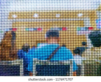 Blur Image Back Side View Of Many People Are Waiting For Financial Transactions At Bank Behind Chair Backrest Pattern With Digital Queuing Techniques Program On Business Concept, Illustration Mode 