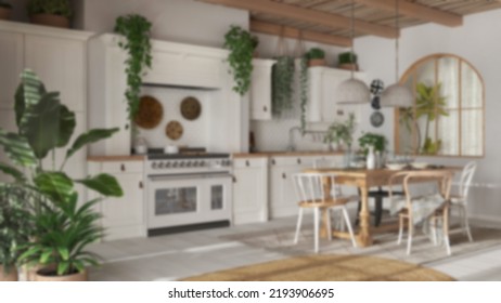 Blurred Background, Kitchen And Dining Room With Wooden Details In Bohemian Style. Table With Chairs, Carpet And Appliances. Boho Country Interior Design, 3d Illustration