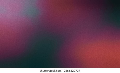 Blurred bright abstract background with gradient in red, crimson pink, purple, violet, dark green, black color, grainy noise, and copy space. Old,  rough, grunge texture. Lo-fi, analog, retro design