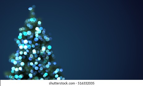 Blurred Christmas Tree Blue Lights. Abstract Festive Background
