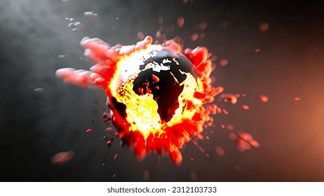 blurred colorful dramatic 3D rendered explosion on dark background with fire smoke and hot lava splashes of planet earth globe