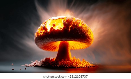 blurred colorful dramatic 3D rendered explosion on dark background with fire smoke and hot lava splashes of giant mashroom