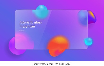 Blurred glass morphism frosted effect neon colorful transparent, matte glassmorphism plastic panel screen purple magenta color graphic element realistic modern text frame design window image