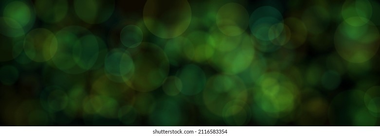 Blurred Green Particles On Black Background. Green Lens Flare Long Banner