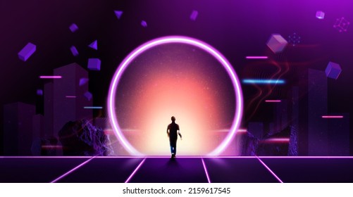 Blurred Man Steps Into Future Door. Moving Forward To Metaverse, New Technology, Web3.0, Blockchain And The Next Layer Of The Internet Concepts. Futuristic Tone