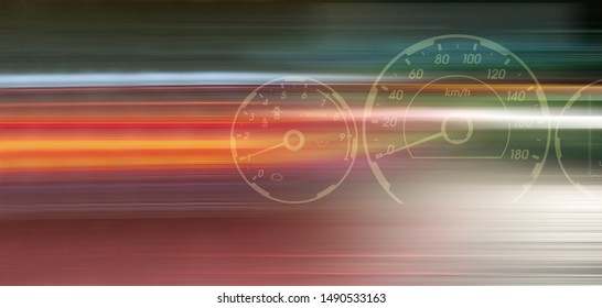 Blurred motion. Blurry lights of rushing cars in the night city. Speedometer. Abstract concept of fast driving. Blue red lights of moving cars. Long exposure. Bokeh panoramic background. Copy space - Powered by Shutterstock