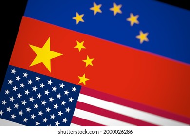 Blurred USA, China And EU Flags Together On Black Background, Abstract US China Europe Relations Concept Texture