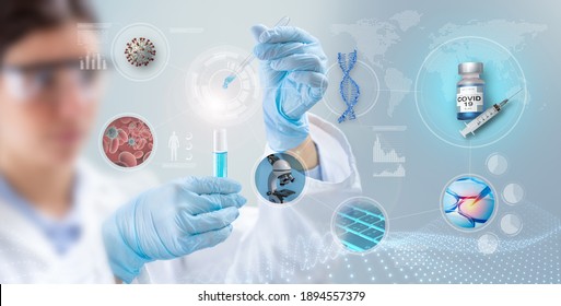 Blurred woman scientist holds a test-tube in scientific background, 3d illustration. Concept of Covid-19 vaccine clinical research.
