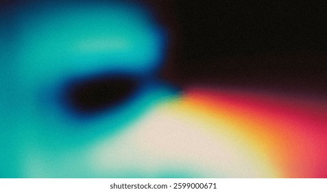 A blurry, abstract image featuring a gradient of teal, transitioning to orange and black. The texture is grainy, resembling a light leak effect. Colors blend softly.