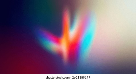A blurry, abstract image featuring a vibrant Vshaped formation of rainbow colors against a muted gradient background. The texture is slightly grainy, giving it a digital feel.