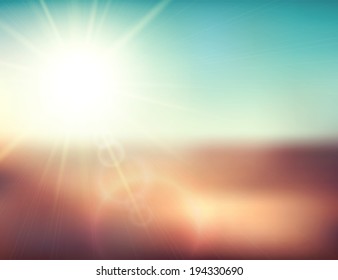 Blurry evening scene with brown field, sun burst, blue and green blur sky,  illustration