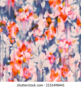 Blurry fuzzy floral seamless repeat pattern. Color blurred abstract flowers in trendy style. Backdrop for cloth, dress, fabric, textile, texture or wrapping.