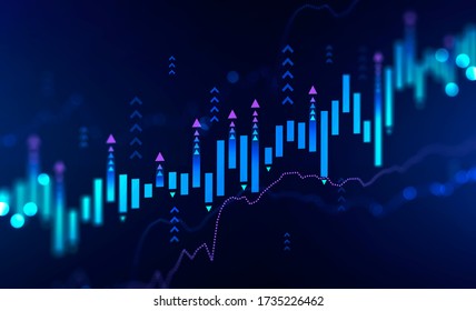 Blurry growing digital graph interface over dark blue background. Concept of stock market and financial success. 3d rendering toned image
