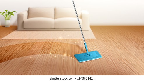 Blurry Home Interior Background. 3D Illustration Of Mop Cleaning Dirty Hardwood Floor In Living Room.