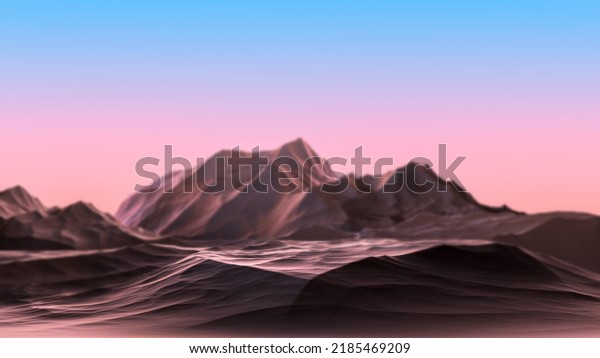 Blurry Landscape of the mountain against the backdrop of sunset, dawn sky in blur. Abstract relief mountains in nature against the background of the sky with blur. 3D render.