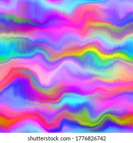 Blurry soft rainbow gradient artistic watercolor dye texture background. Wavy irregular bleeding glitch stripe seamless pattern. Melange ombre effect painterly all over print 