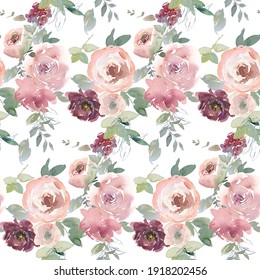Blush Burgundy Maroon Peony Rose Watercolor Floral Arrangement Isolated On White Background. Watercolor Flowers. Floral Watercolor Illustration.  Seamless Pattern.