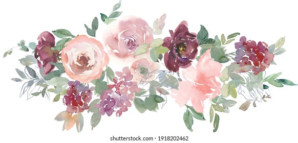 Blush Burgundy Maroon Peony Rose Watercolor Floral Arrangement Isolated On White Background. Watercolor Flowers. Floral Watercolor Illustration. Beautiful Composition. Design For Textile, Wallpapers.