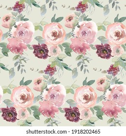 Blush burgundy maroon peony rose watercolor floral arrangement isolated on white background. Watercolor flowers. Floral watercolor illustration.  Seamless pattern.