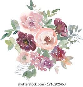 Blush burgundy maroon peony rose watercolor floral arrangement isolated on white background. Watercolor flowers. Floral watercolor illustration. Beautiful composition. Design for textile, wallpapers.