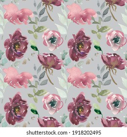Blush Burgundy Maroon Peony Rose Watercolor Floral Arrangement Isolated On White Background. Watercolor Flowers. Floral Watercolor Illustration. Beautiful Composition.  Seamless Pattern.