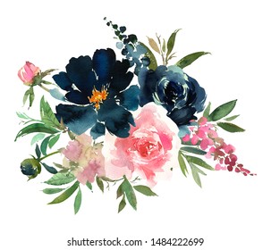 Blush Navy Pink Watercolor Floral Arrangement Isolated On White Background