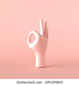 Blush Pink Hand OK Sculpture, Minimal Ok Art, 3d Illustration.